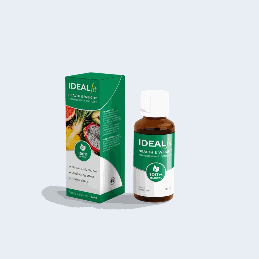 IdealFit – Braunglasflasche mit Pipette und grüner Schachtel